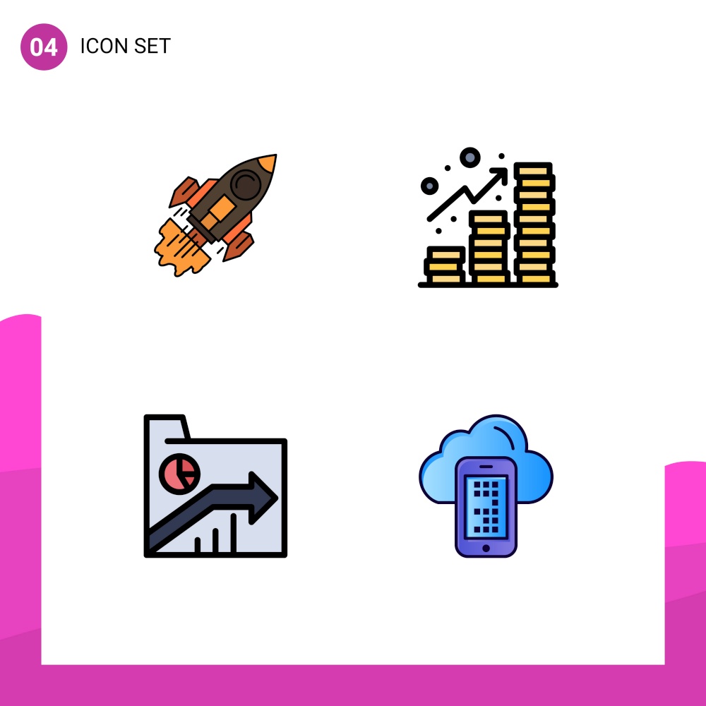 4 Thematic Vector Filledline Flat Colors and Editable Symbols of startup, coins, launch, income, data Editable Vector Design Elements