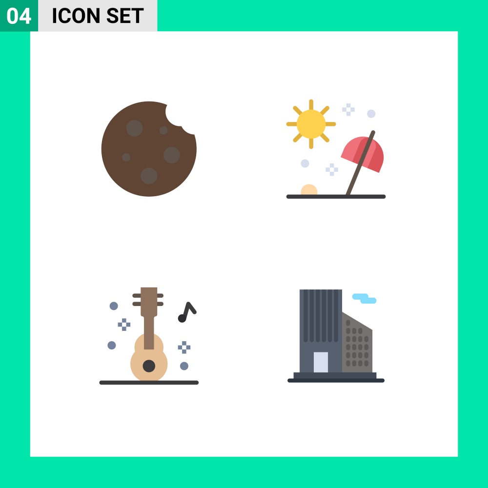 Pictogram Set of 4 Simple Flat Icons of breakfast, travel, drink, parasol, guitar Editable Vector Design Elements