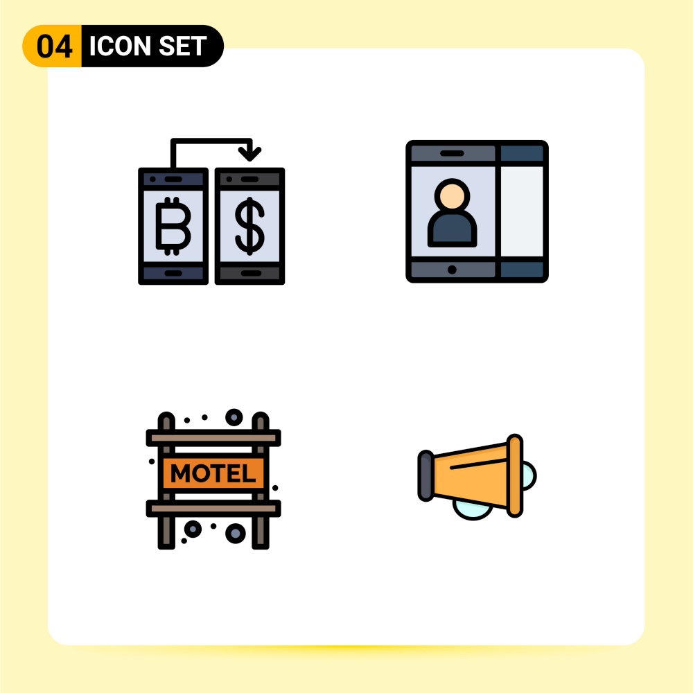 Set of 4 Modern UI Icons Symbols Signs for cashless, motel, transection, cell, megaphone Editable Vector Design Elements