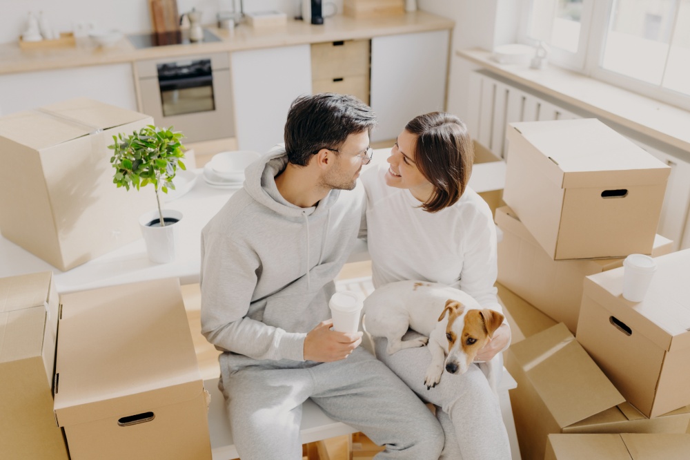Smiling couple express romantic good feelings to each other, just arrived in new house, pose around cardboard containers, drink takeaway coffee, kitchen furnture in background, dog on womans hands