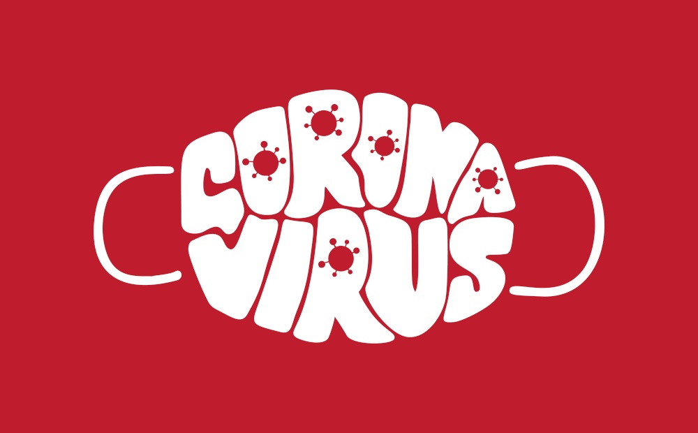 Coronavirus lettering vector text in form of face mask on red background. Surgical procedure mask. For doctors, nurses and people. Covid-19 outbreak. Health care and personal hygiene product.. Coronavirus lettering vector text in form of face mask on red background. Surgical procedure mask. For doctors, nurses and people. Covid-19 outbreak. Health care and personal hygiene product