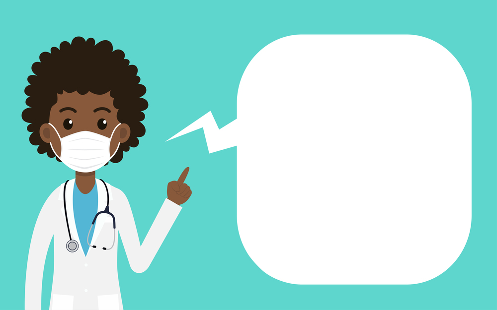 Cartoon black women doctor wearing protective mask and pointing finger with a speech bubble