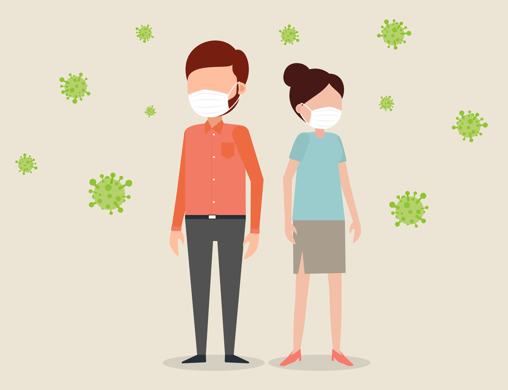 Vector illustrations of man and woman wearing medical masks to prevent disease or virus