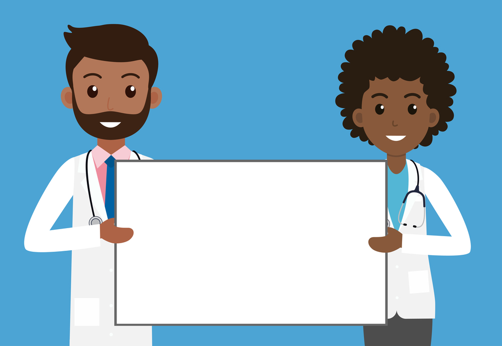 Black doctors man and woman holding empty signboard for health advertisements - Vector illustration
