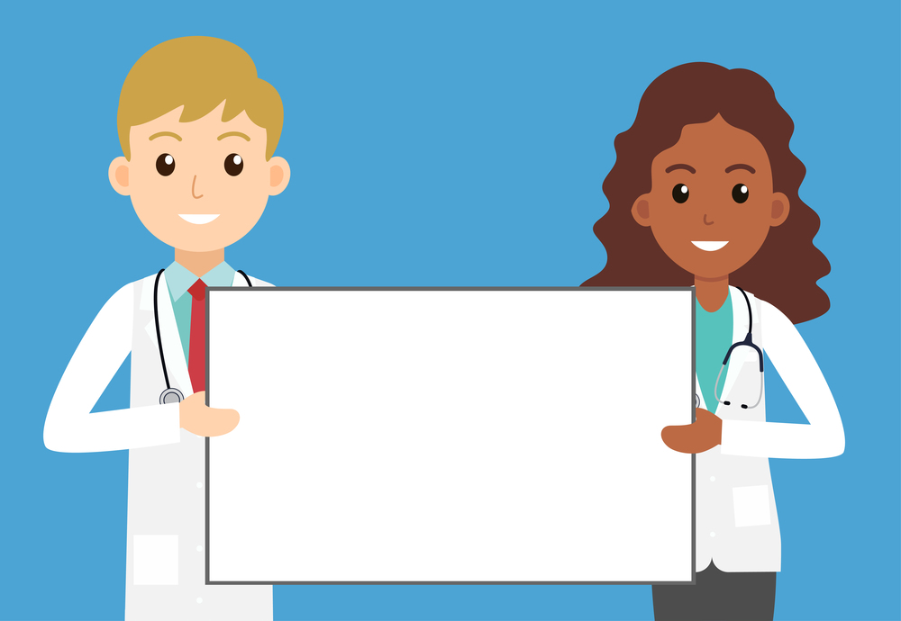 Doctors man and woman holding empty signboard for health advertisements - Vector illustration