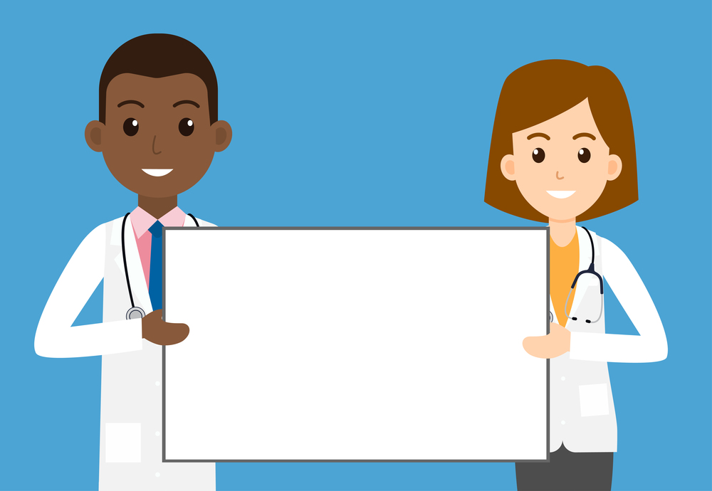 Doctors man and woman holding empty signboard for health advertisements - Vector illustration