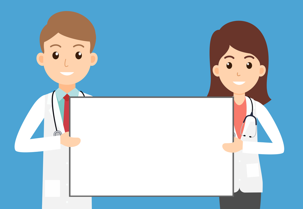 White doctors man and woman holding empty signboard for health advertisements - Vector illustration