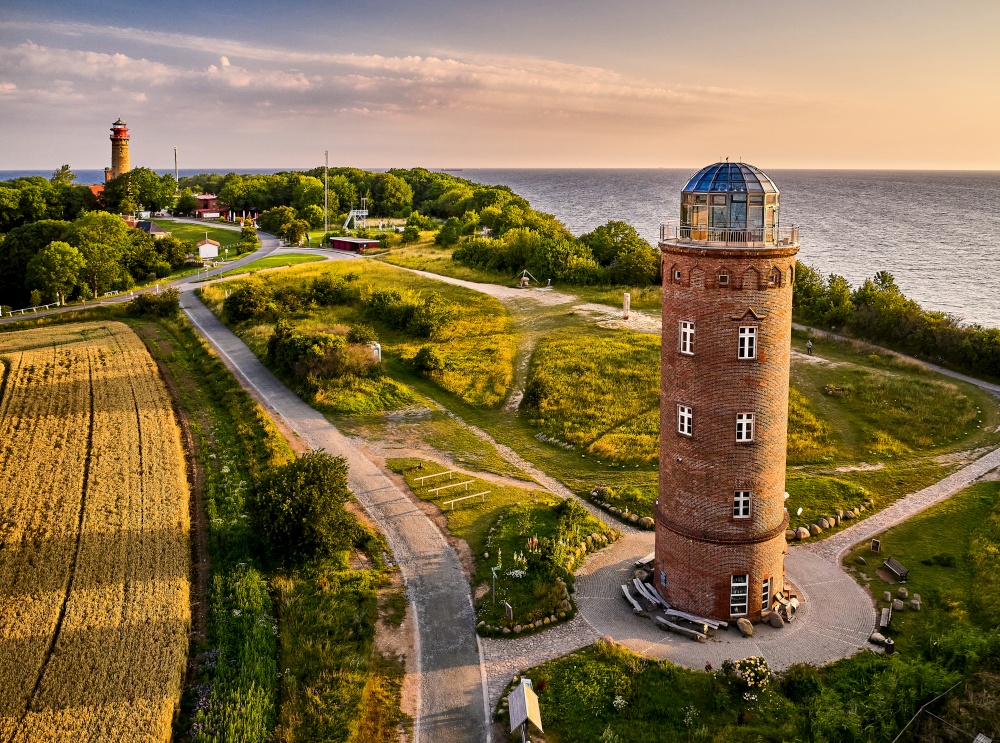 drone view of lighthouses in sunset from northern part of island of Ruegen - called Kap Arkona. drone view of lighthouses from Kap Arkona