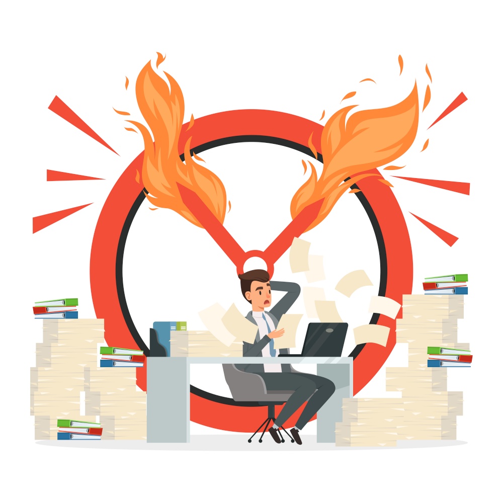 Deadline vector concept. Office manager and chaos at work illustration. Office employee hurry at deadline. Deadline vector concept. Office manager and chaos at work illustration