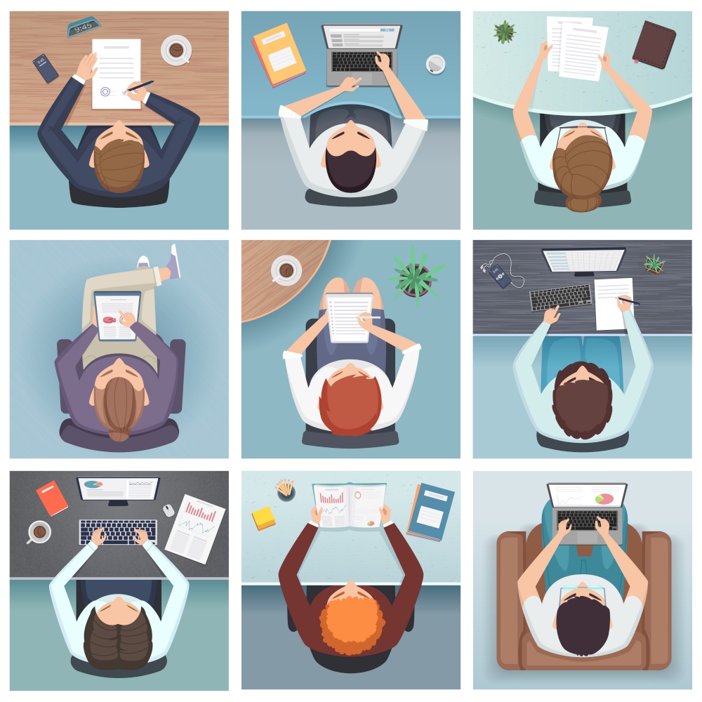 People top view. Meeting business characters desk working space vector people top view. Top view workplace, man or woman with laptop, meeting corporate worker illustration. People top view. Meeting business characters desk working space vector people top view