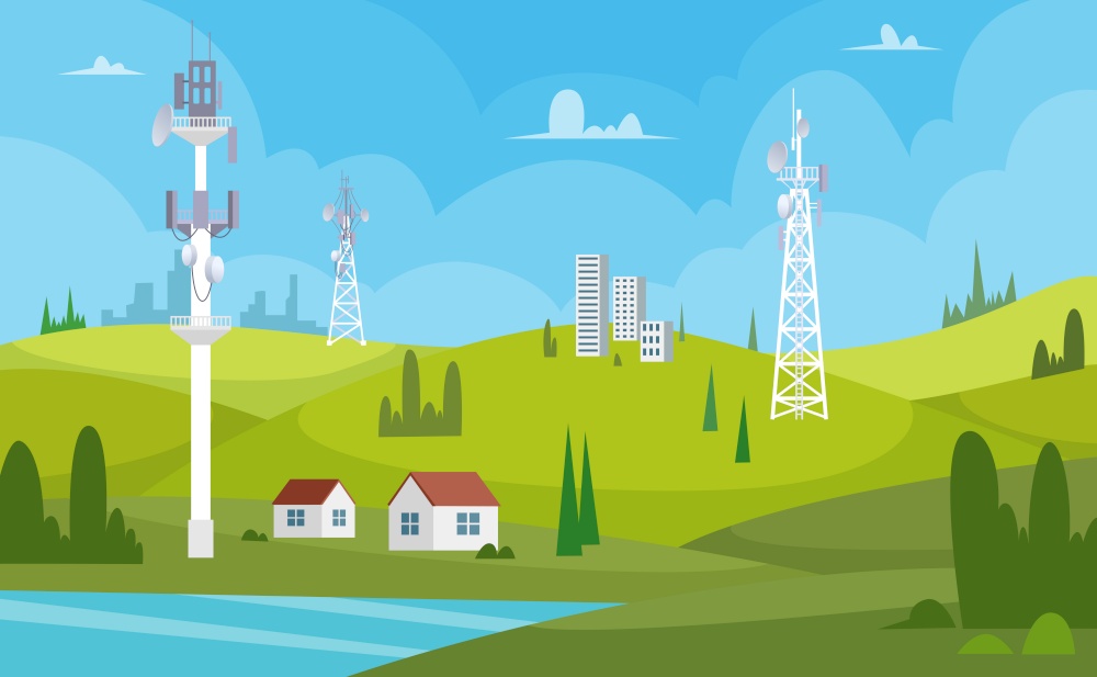 Communication towers. Wireless antennas cellular wifi radio station broadcasting internet channel receiver vector cartoon background. Illustration of connection antenna wireless, signal transmitter. Communication towers. Wireless antennas cellular wifi radio station broadcasting internet channel receiver vector cartoon background