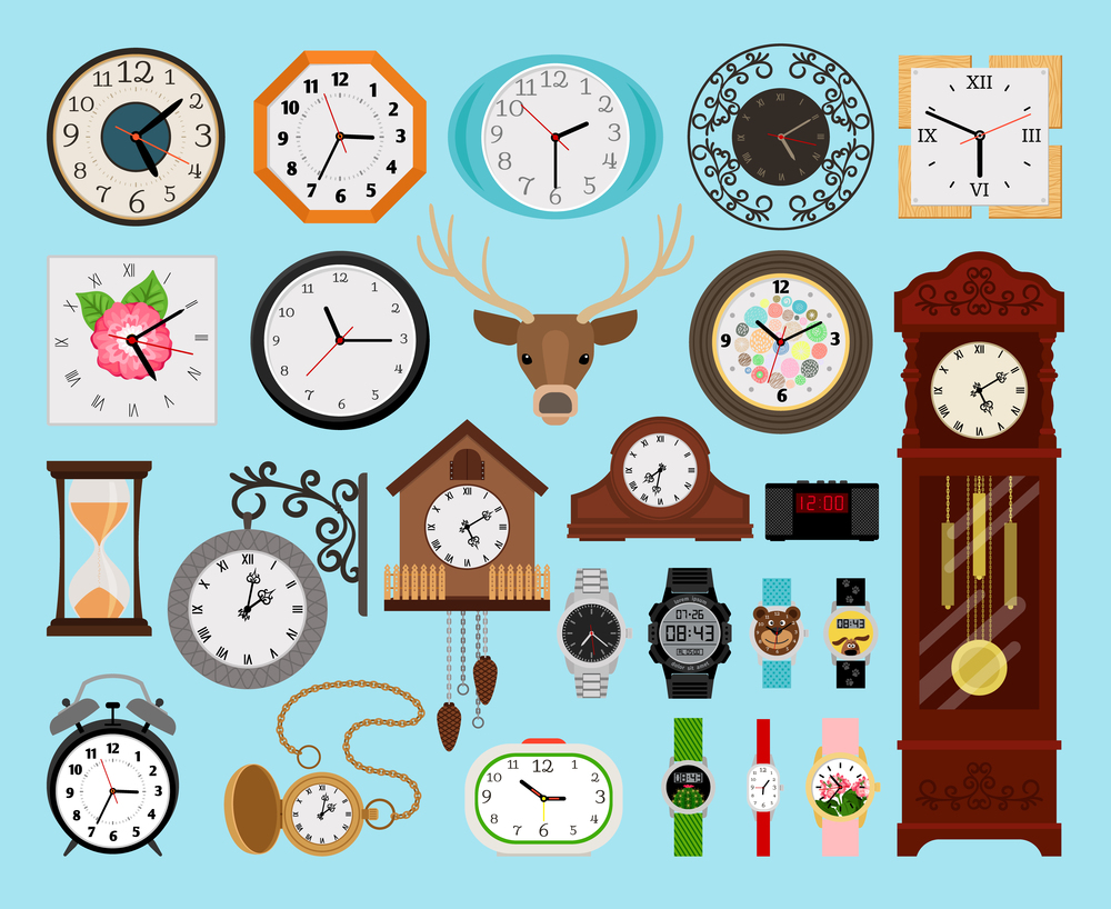 Clocks collection. Analog old and wooden wall clock and digital hands watch, hourglass and electronic stopwatch set vector illustration. Clocks icons collection