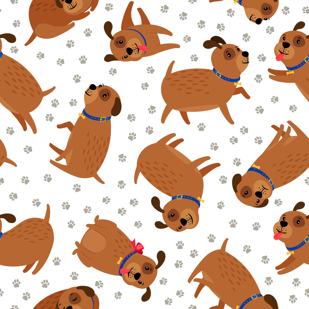 Puppy seamless pattern. Cute funny dog animal character background with pet paws footprints vector illustration. Puppy seamless pattern with paws footprints
