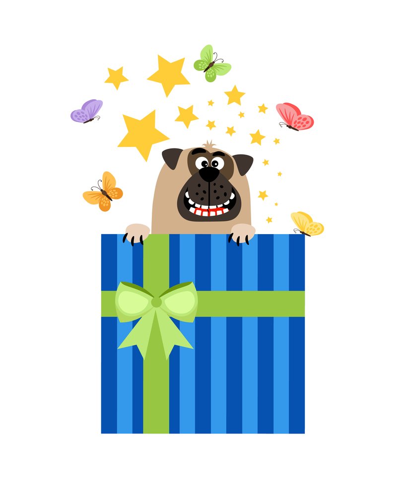 Puppy gift box. Dog in present box vector illustration for greeting card. Dog in present box greeting card