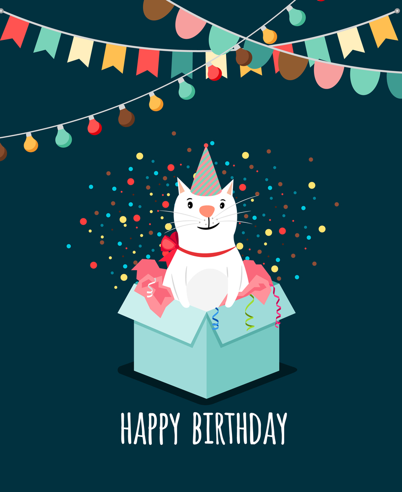 Kitten present box. White cat gift vector illustration elegant happy birthday card. Kitten in present box birthday card