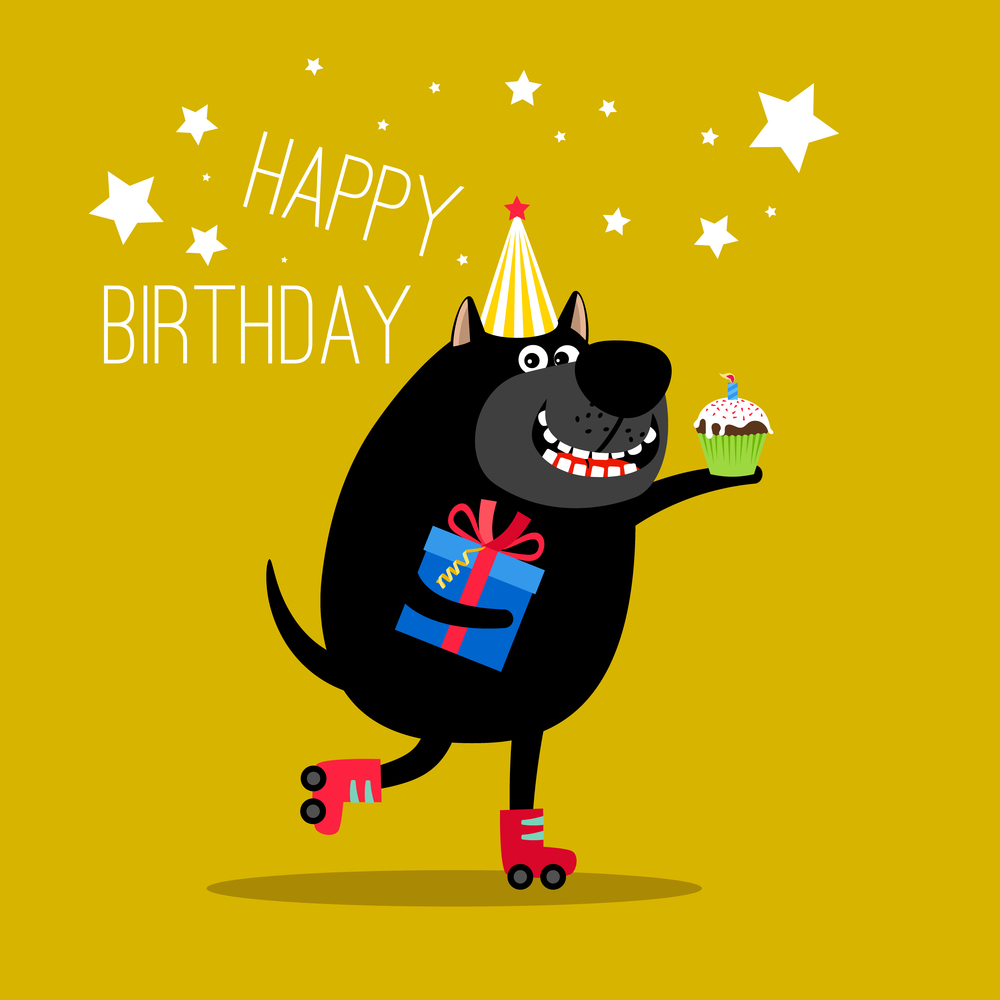 Birthday dog label. Happy dog on rollers and with gifts for greeting card vector illustration. Happy dog on rollers greeting card