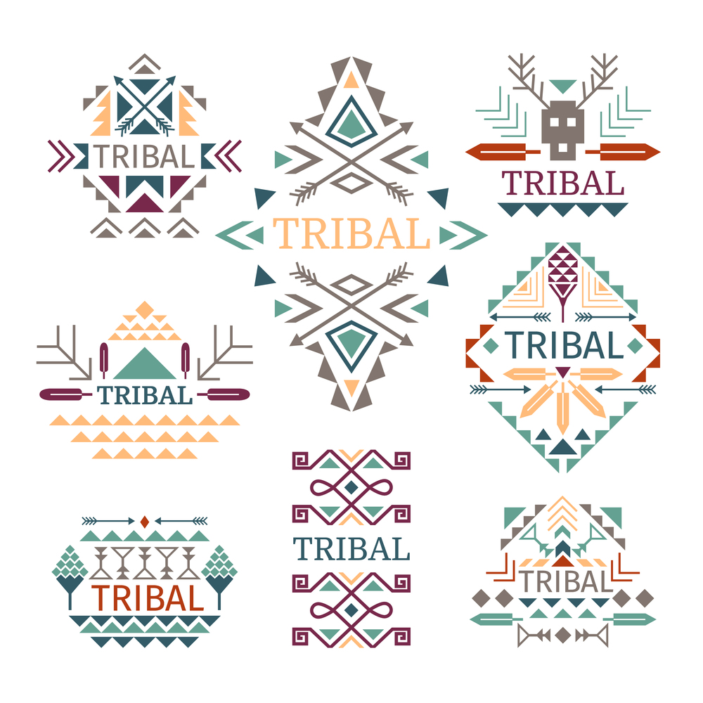 Tribal logo set. Vector colorful indian culture cotton dress designs, nativity and tribe signs isolated on white background. Tribal logo set