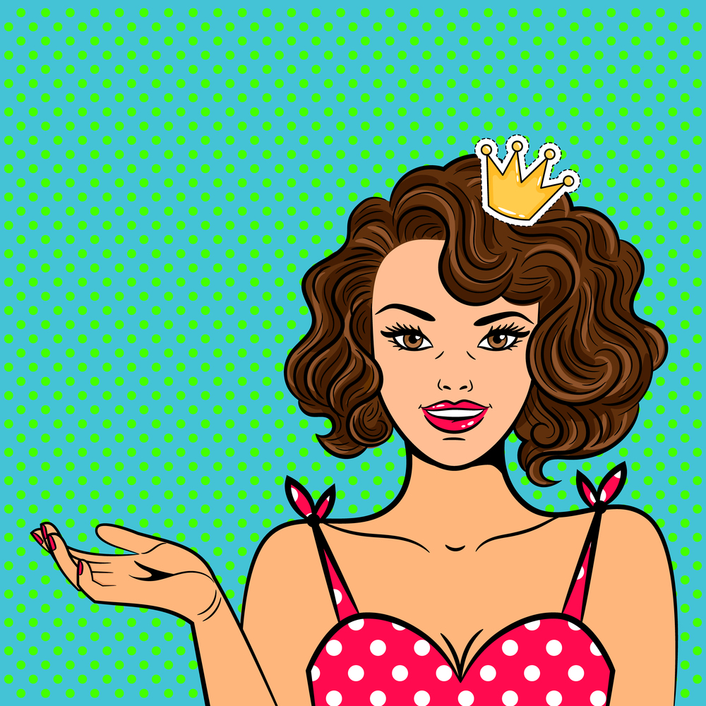 Pop art girl with crown. Pop-art beautiful smiling woman in pink polka-dot dress and fashionable hairdo with demonstrative hand sign vector illustration. Pop art girl with crown