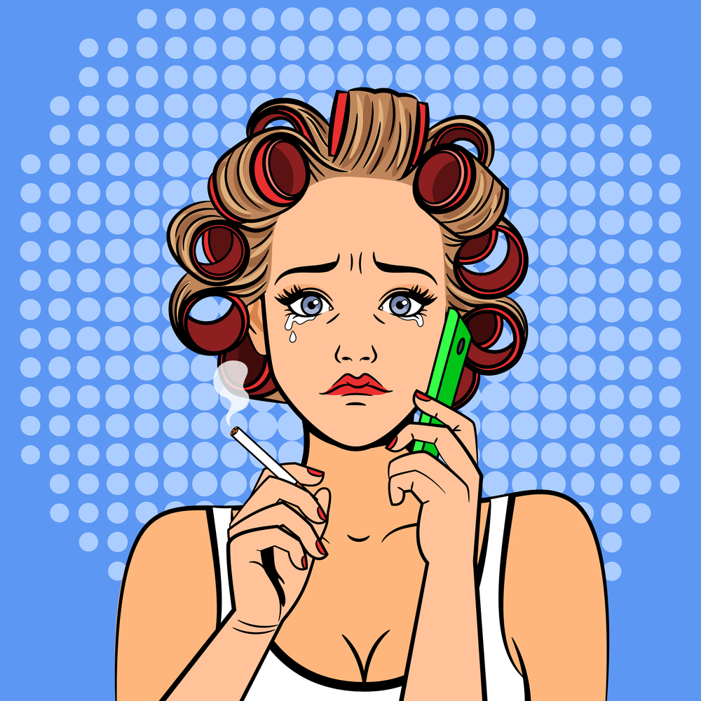 Pop art girl crying. Vintage comic style woman with phone, retro curlers and eyes with tears vector illustration. Pop art girl with phone crying