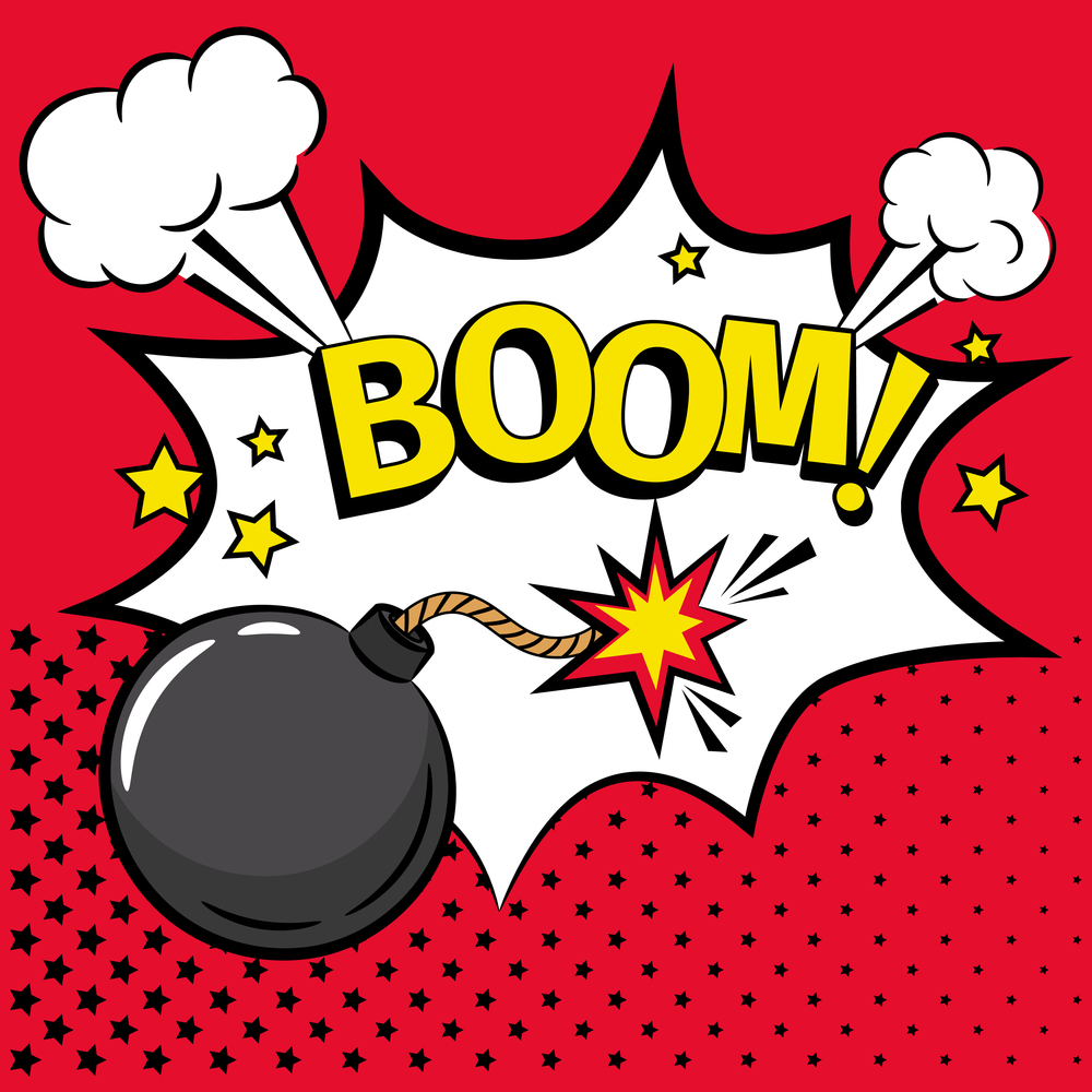 Comic bomb. Cartoon kaboom bomb icon with boom text and burning fuse detonator vector illustration. Cartoon bomb icon with text