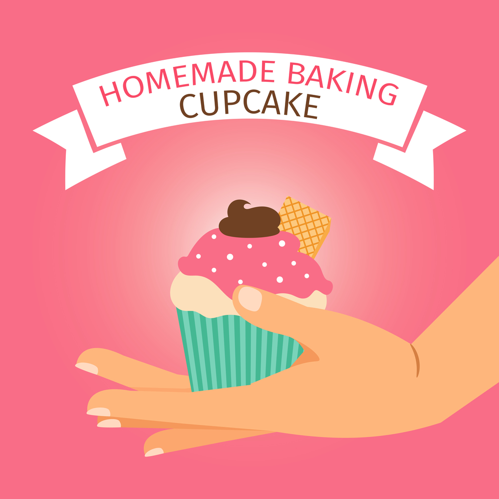 Homemade baking vector illustration with cute pink cupcake. Homemade baking illustration with pink cupcake