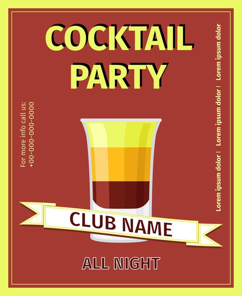 Cocktail party all night dark red celebration flyer, vector illustration. Cocktail party red celebration flyer