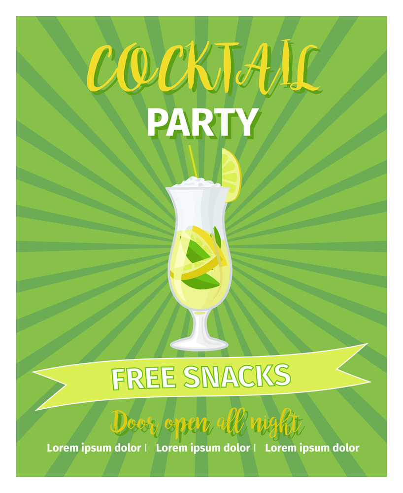 Cocktail party green poster template with drink, vector illustration. Cocktail party green poster template