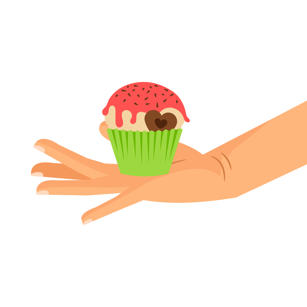 Cupcake gift islated vector illustration. Hand holding pastry cupcake decorated with chocolate heart. Hand holding cupcake with chocolate heart