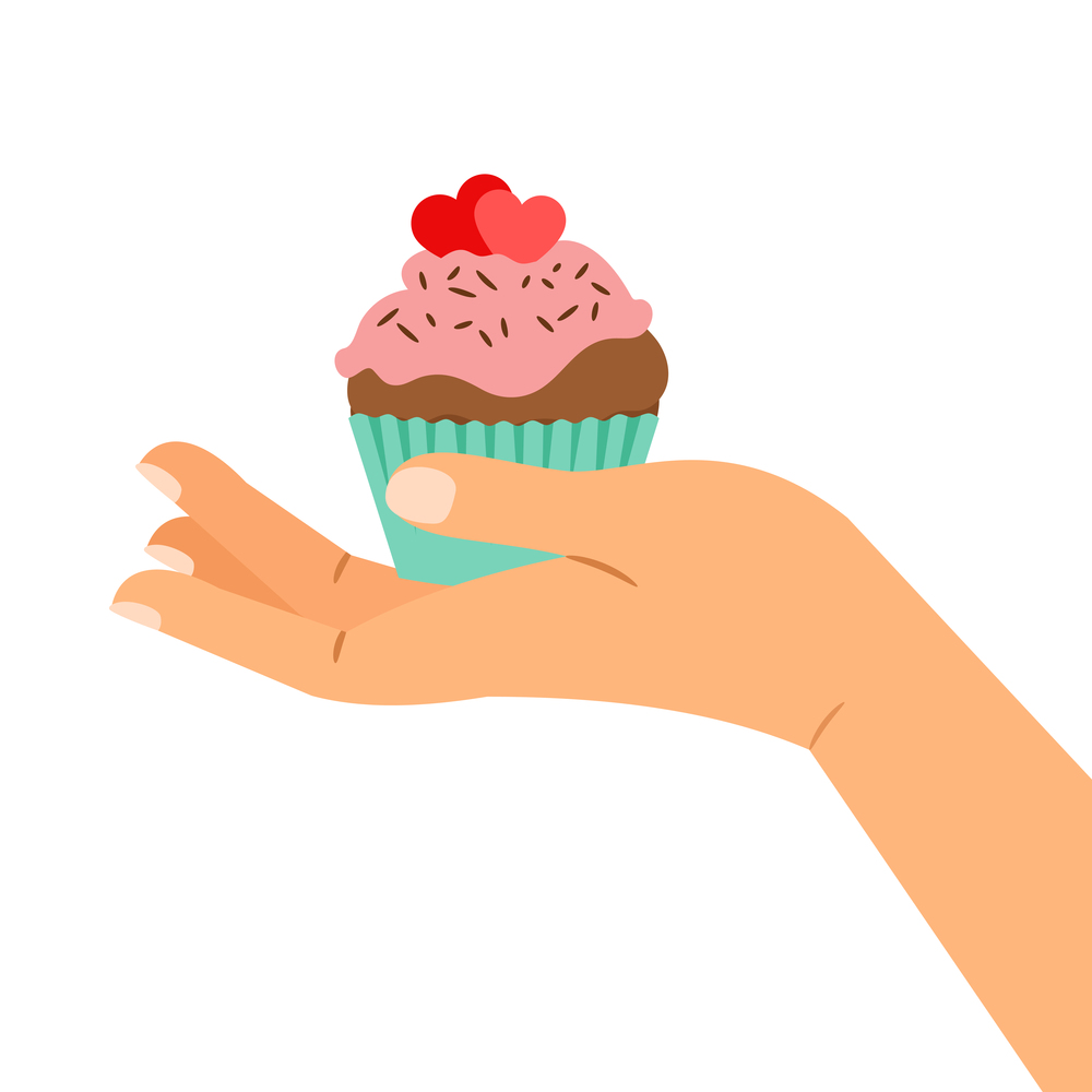Cupcake gift vector illustration. Hand holding pastry cupcake decorated with two hearts, isolated illustration. Hand holding cupcake with two hearts