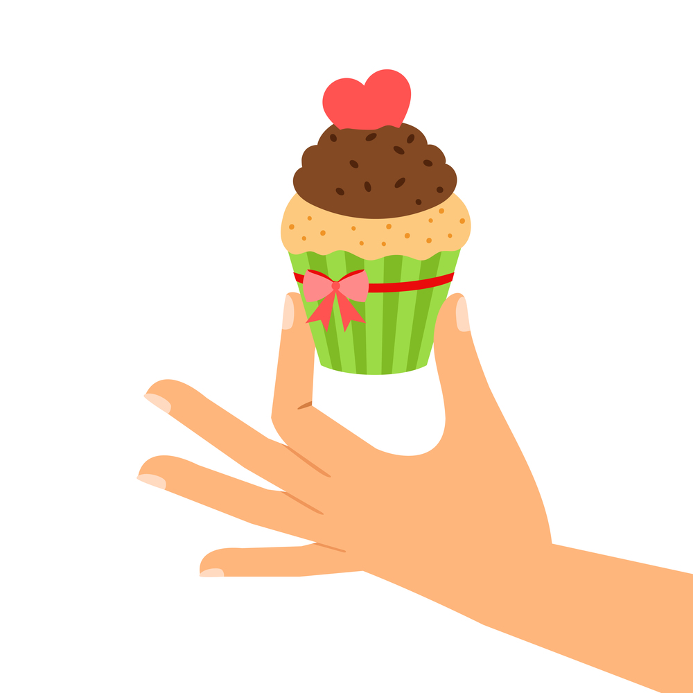 Cupcake with red heart in hand, gift vector illustration. Cupcake with red heart in hand,