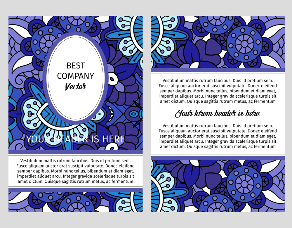 Brouchure design template for company with decorative blue floral ornamental pattern.. Brouchure with blue floral ornamental pattern.