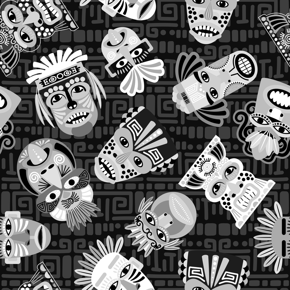Black and white modern seamless pattern with masks, vector illustration. Black and white masks seamless pattern