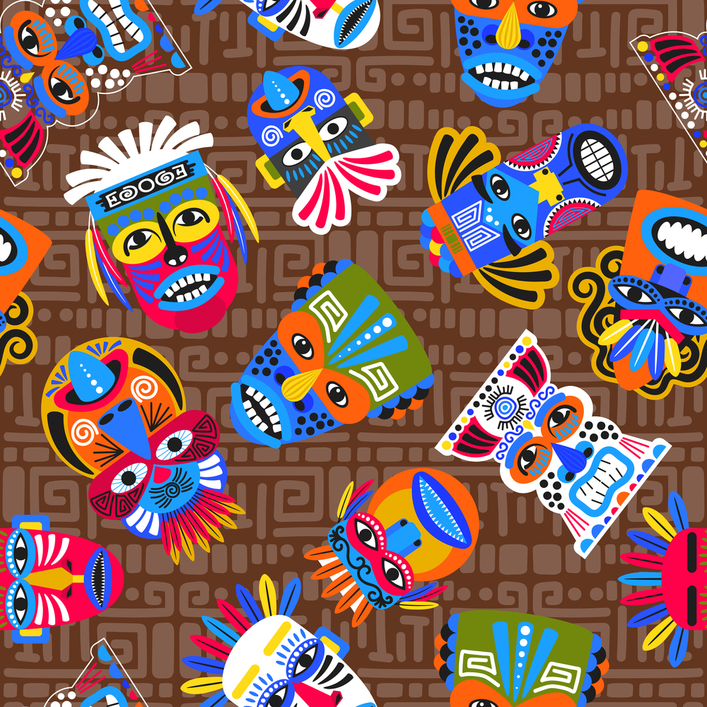 Brown tribal seamless pattern with masks and geometric stylezed spirals, vector illustration. Brown tribal masks seamless pattern