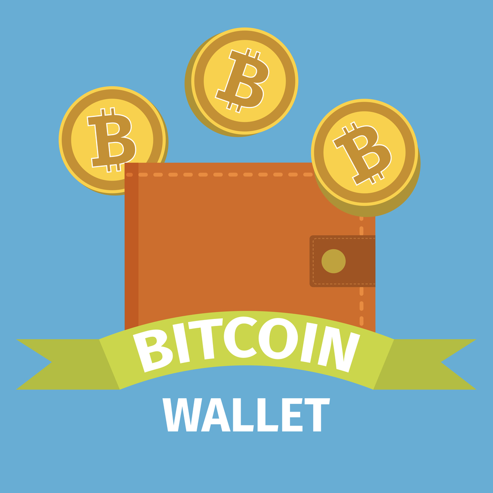 Bitcoin wallet concept on blue background, vector illustration. Bitcoin wallet concept