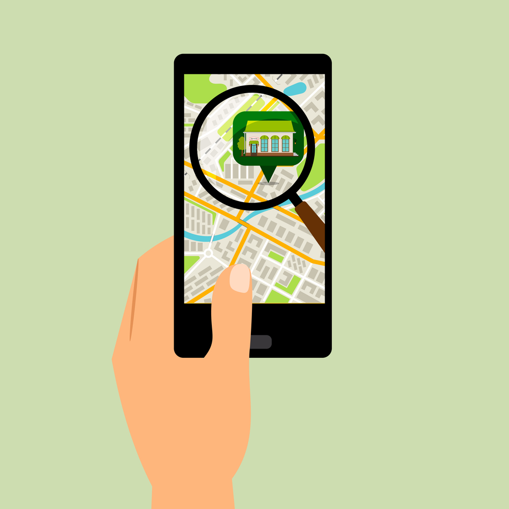 Hand holding smartphone with supermarket location map, vector ilustration. Smartphone with supermarket location map