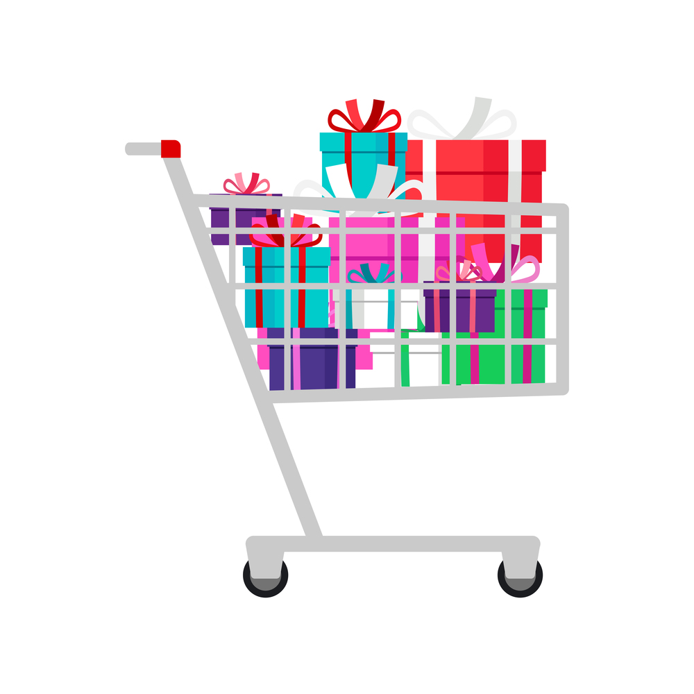 Shopping cart with presents isolated on the white background, vector illustration. Shopping cart with presents