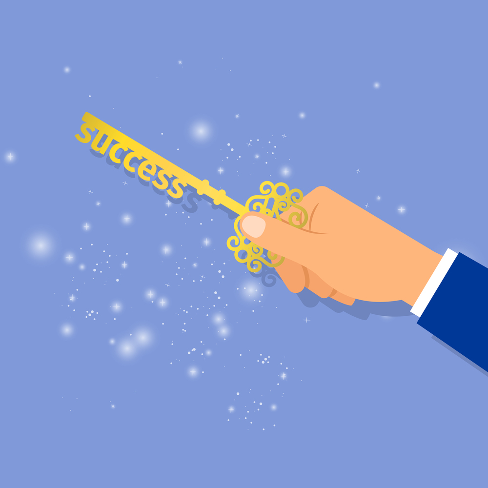 Businessman hand holding a key of success, vector illustration. Businessman hand holding key of success