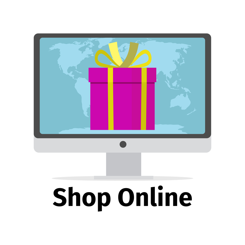 Shop online concept with pink present and all world map on the screen, vector illustration. Shop online concept with pink present