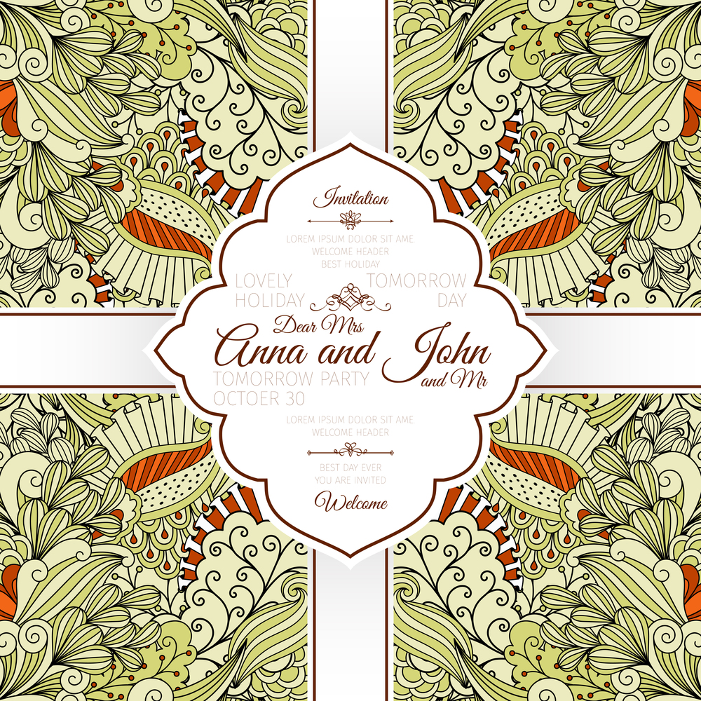 Invitation template card with beige and orange floral doodle pattern, vector illustration. Card with beige floral doodle pattern