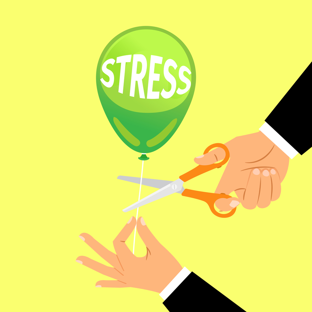 Businessman hand cutting stress balloon string with scissors, vector illustration. Businessman hand cutting stress balloon string