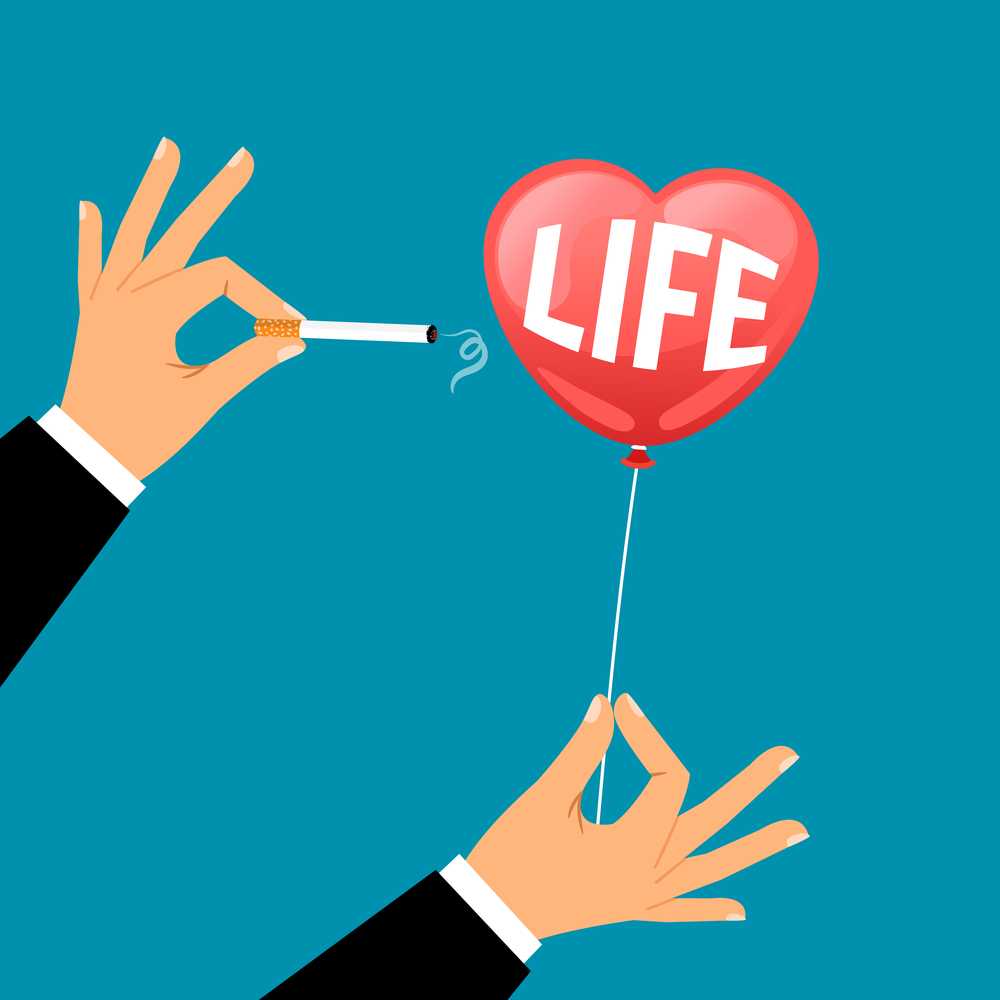 Businessman hand with a cigarette busts a balloon with the word life, vector illustration. Hand with cigarette busts life balloon