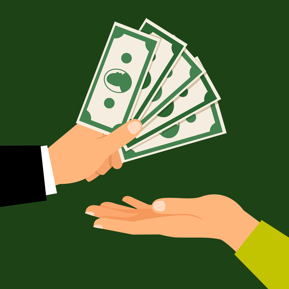 Hands with money, vector illustration. Busienss man hand handing money to man. Hands with money