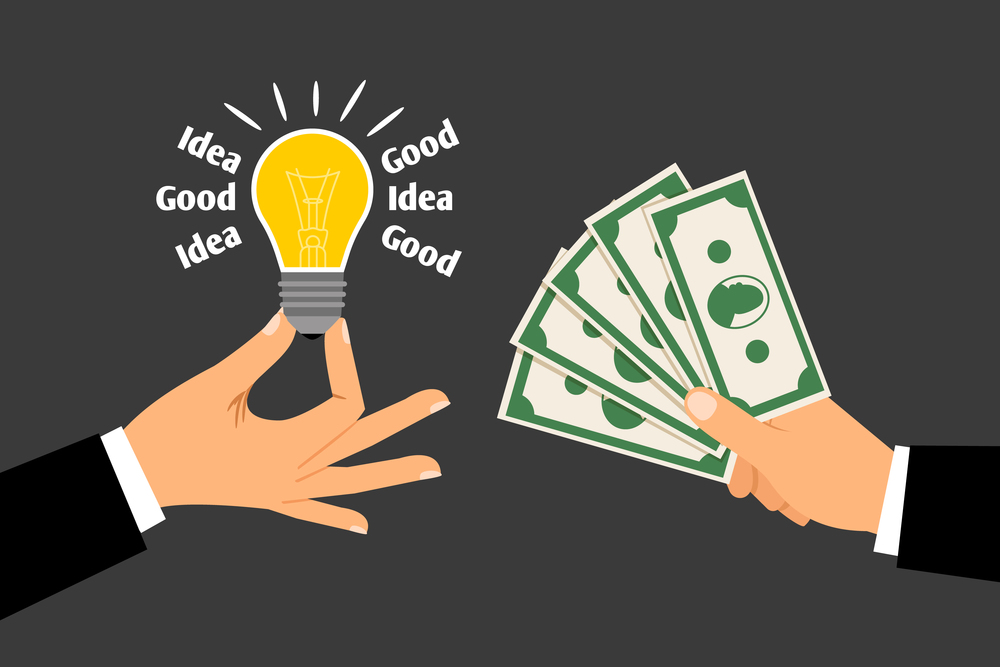 Hands with Money and Idea. Concept of exchanging ideas for dollars vector illustration. Hands with Money and Idea. Concept of exchanging ideas for dollars