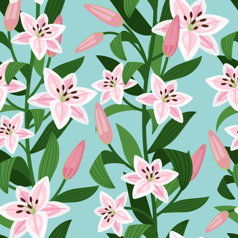 Pink lilies with greeen leaves floral pattern. Vector illustration. Pink lilies with leaves floral pattern