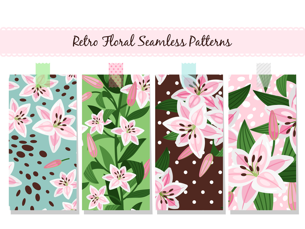 Beautiful pink lily patterns with different backdrop collection. Vector illustration. Beautiful pink lily pattern set