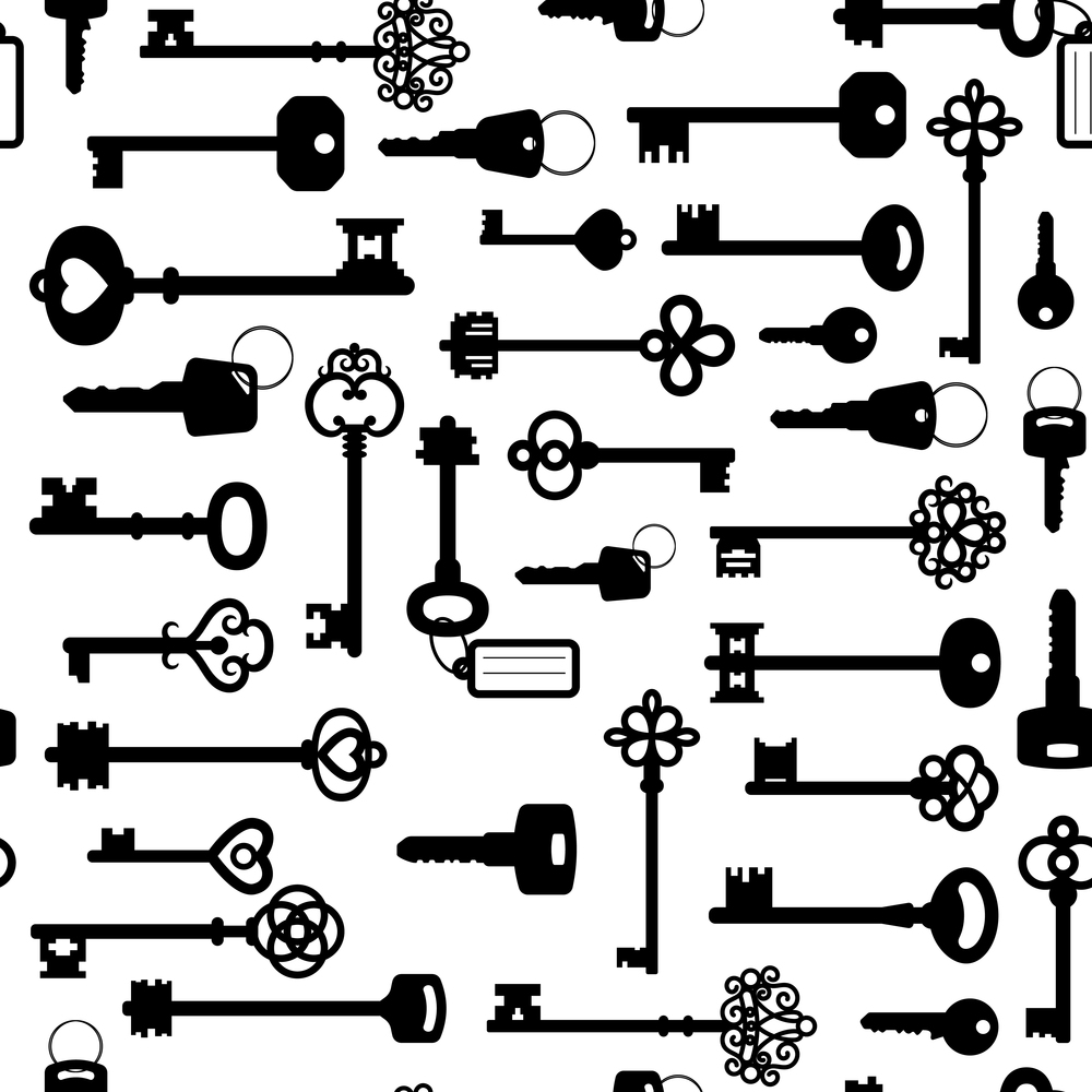 Simple black and white seamless pattern with different keys silhouettes, vector illustration. Black and white keys seamless pattern