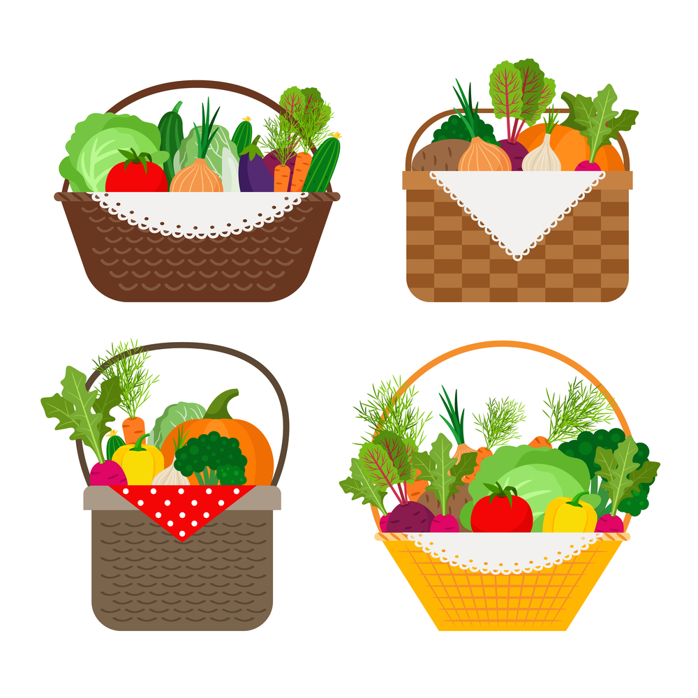 Vegetables in baskets icons on white background, vector illustration. Fresh food and healthy eating. Vegetables in baskets set
