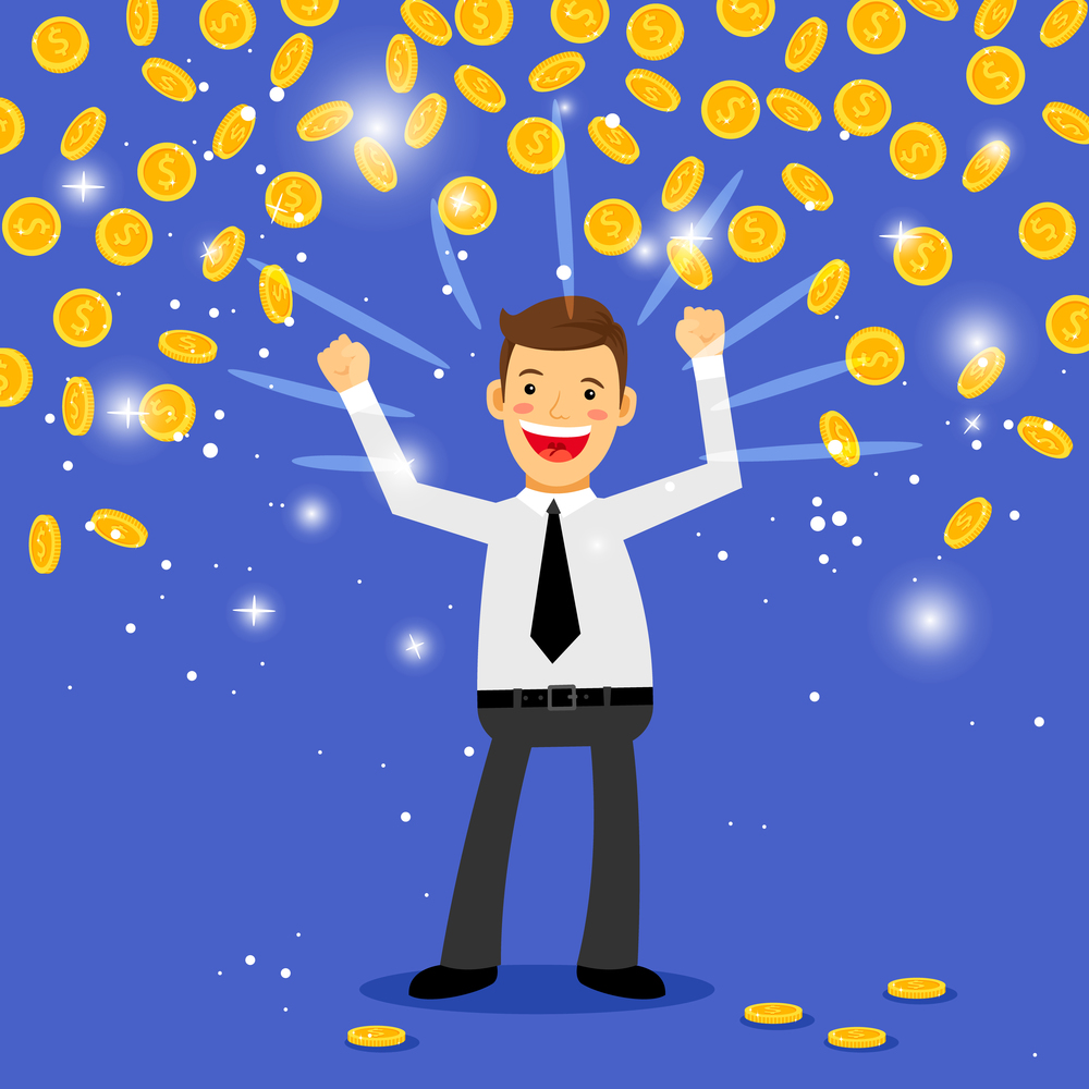 Winner money rain vector illustration. Man standing under the falling coins. Winner money rain