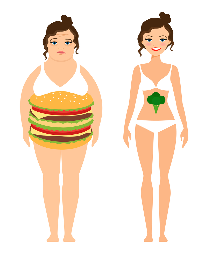Woman diet concept vector illustration. Woman eating burgers or lady eating vegatables difference. Woman diet concept
