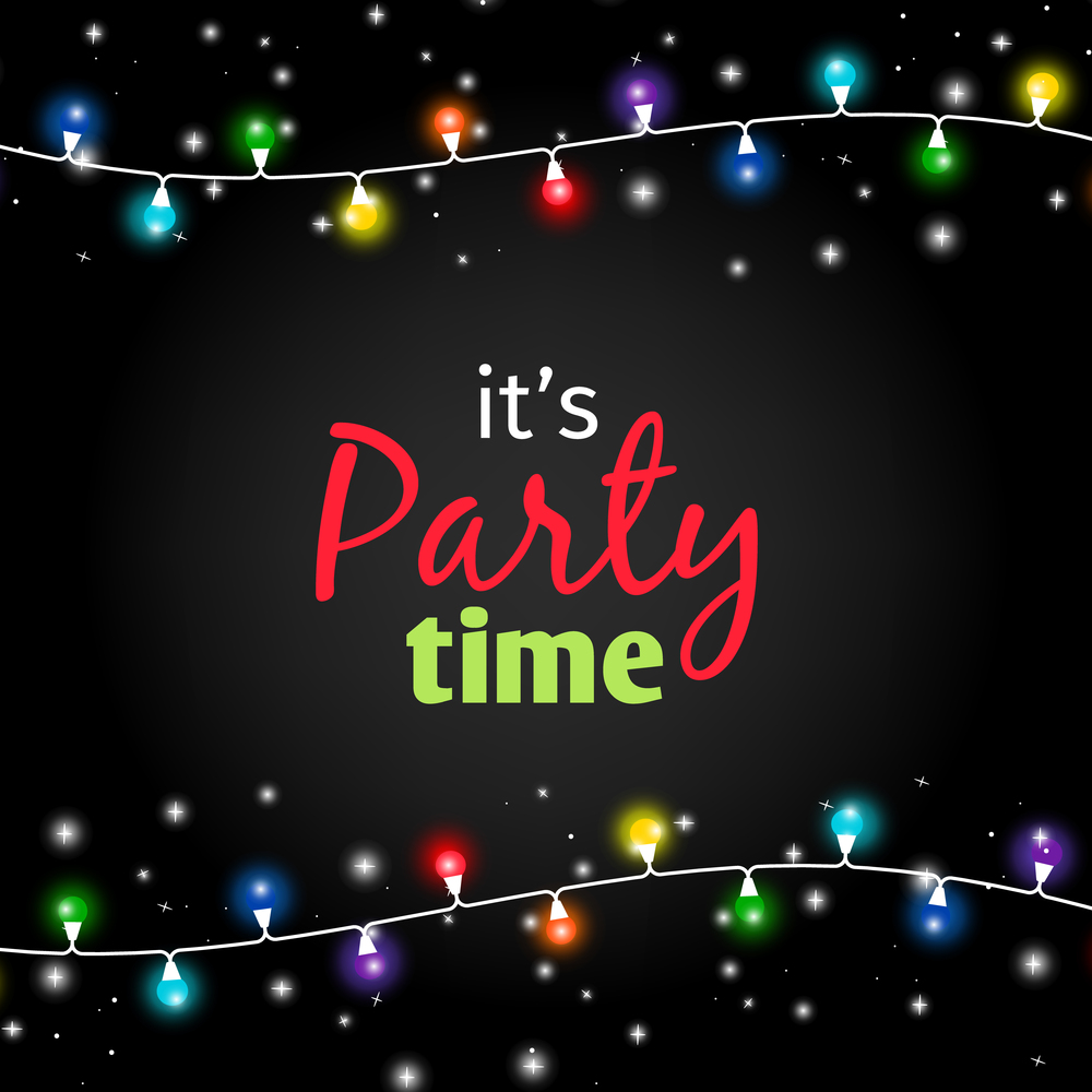 Colorful light garlands on black background, party time poster. Vector illustration. Colorful light garlands party time poster